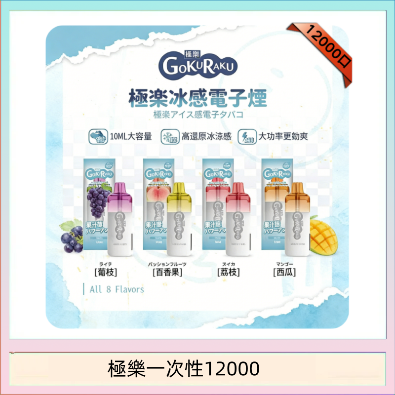 【8種口味】極楽 12000口一次性電子煙|超大容量 |口感絲滑|新品